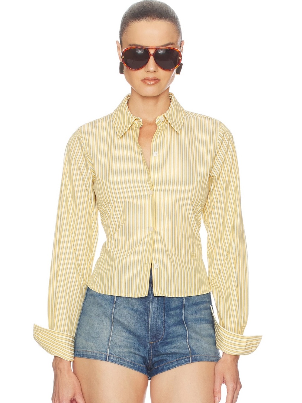 Helsa Striped Poplin Yellow Button-Down Shirt with Classic Collar